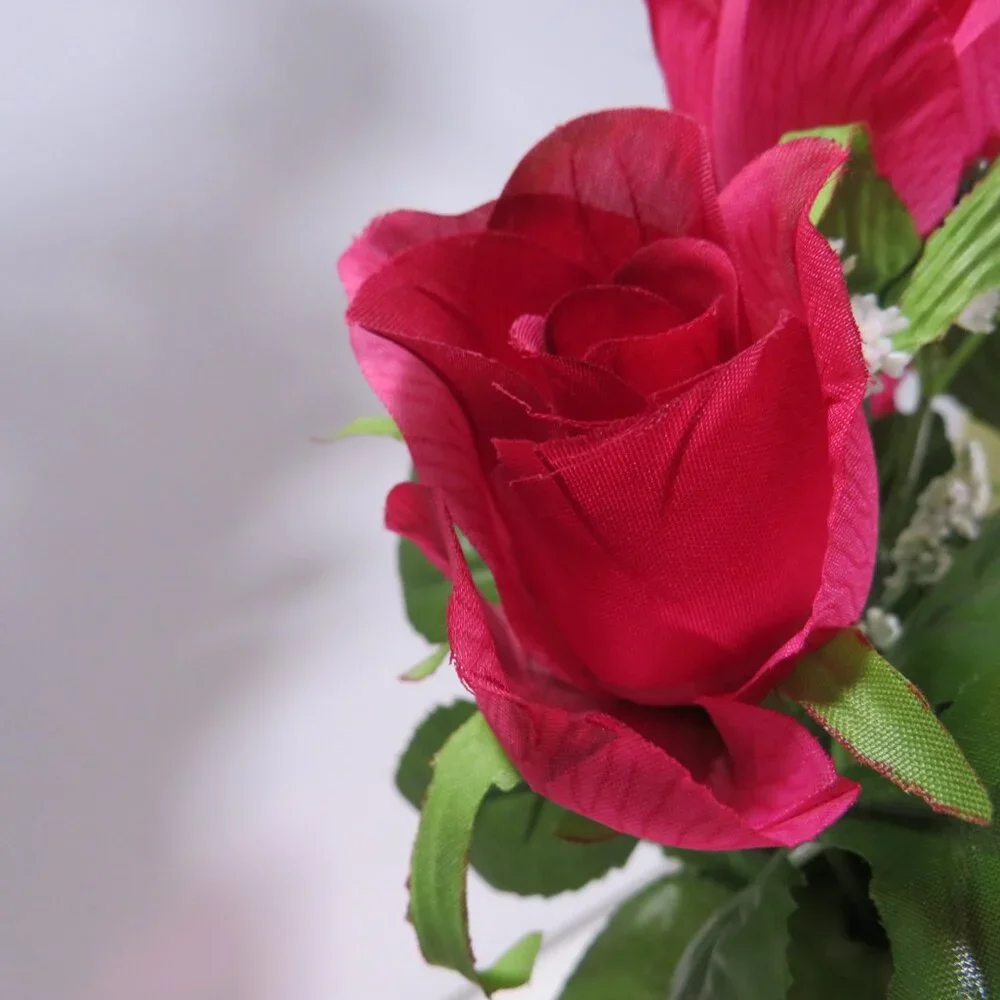 Pink Glass Vase with Warm Pink Faux Roses & Baby's Breath Silk Flowers